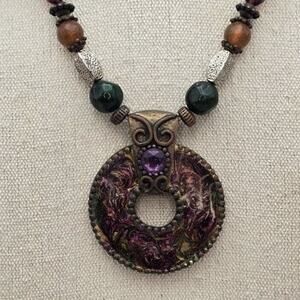 Chico’s Ornate Medallion Purple Gem Beaded Statement Necklace - Romantic Boho